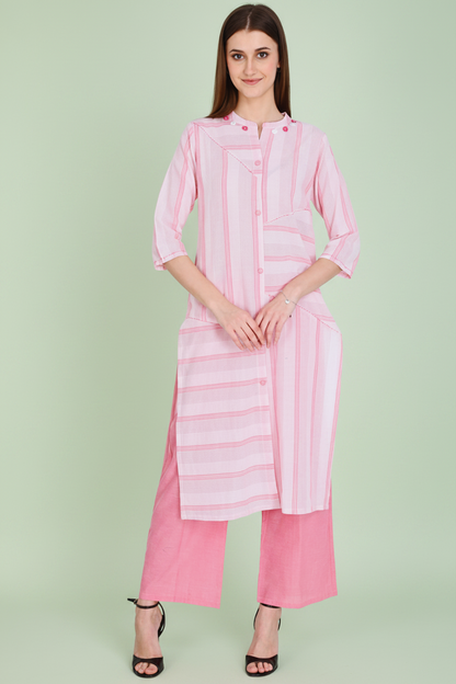 Handloom Cotton Pink Kurta Plazo Set With Embroidery