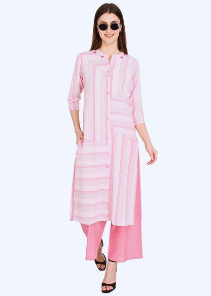 Handloom Cotton Pink Kurta Plazo Set With Embroidery
