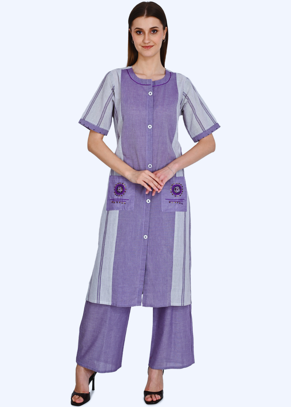 Lilak Kurta Plazo Set With Embroidery In Handloom Cotton