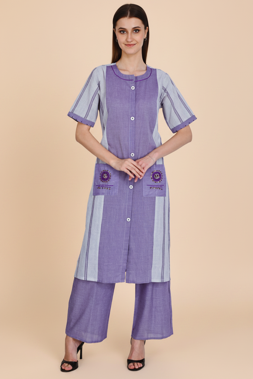 Lilak Kurta Plazo Set With Embroidery In Handloom Cotton