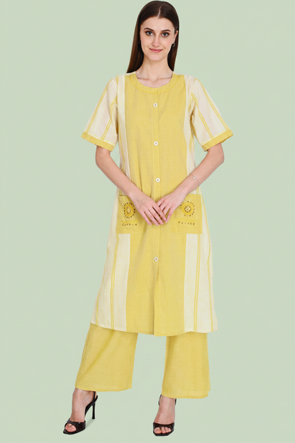 Mustard Kurta Plazo Set With Embroidery In Handloom Cotton