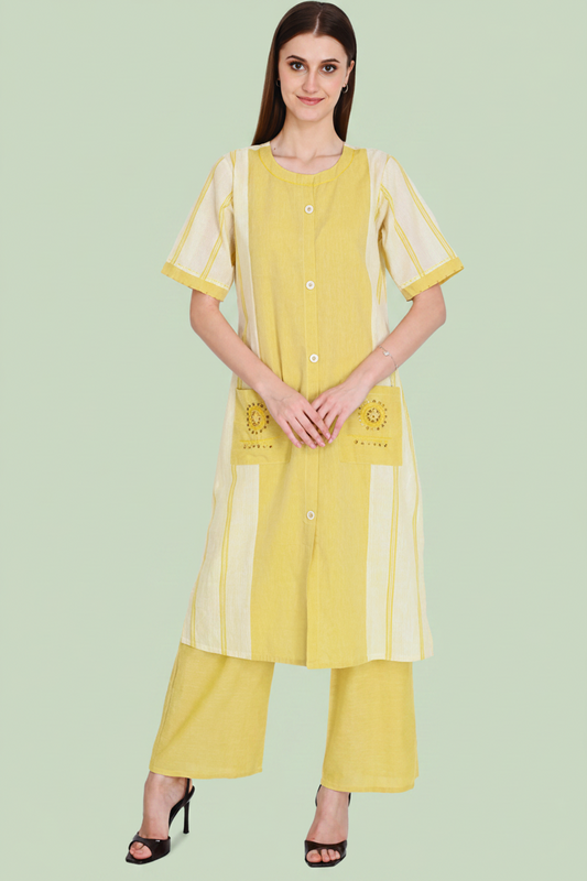 Mustard Kurta Plazo Set With Embroidery In Handloom Cotton