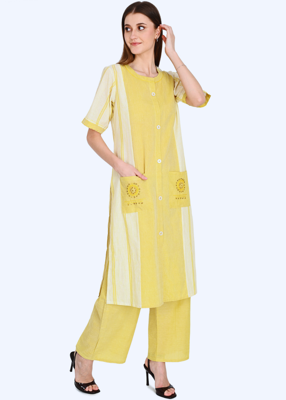 Mustard Kurta Plazo Set With Embroidery In Handloom Cotton