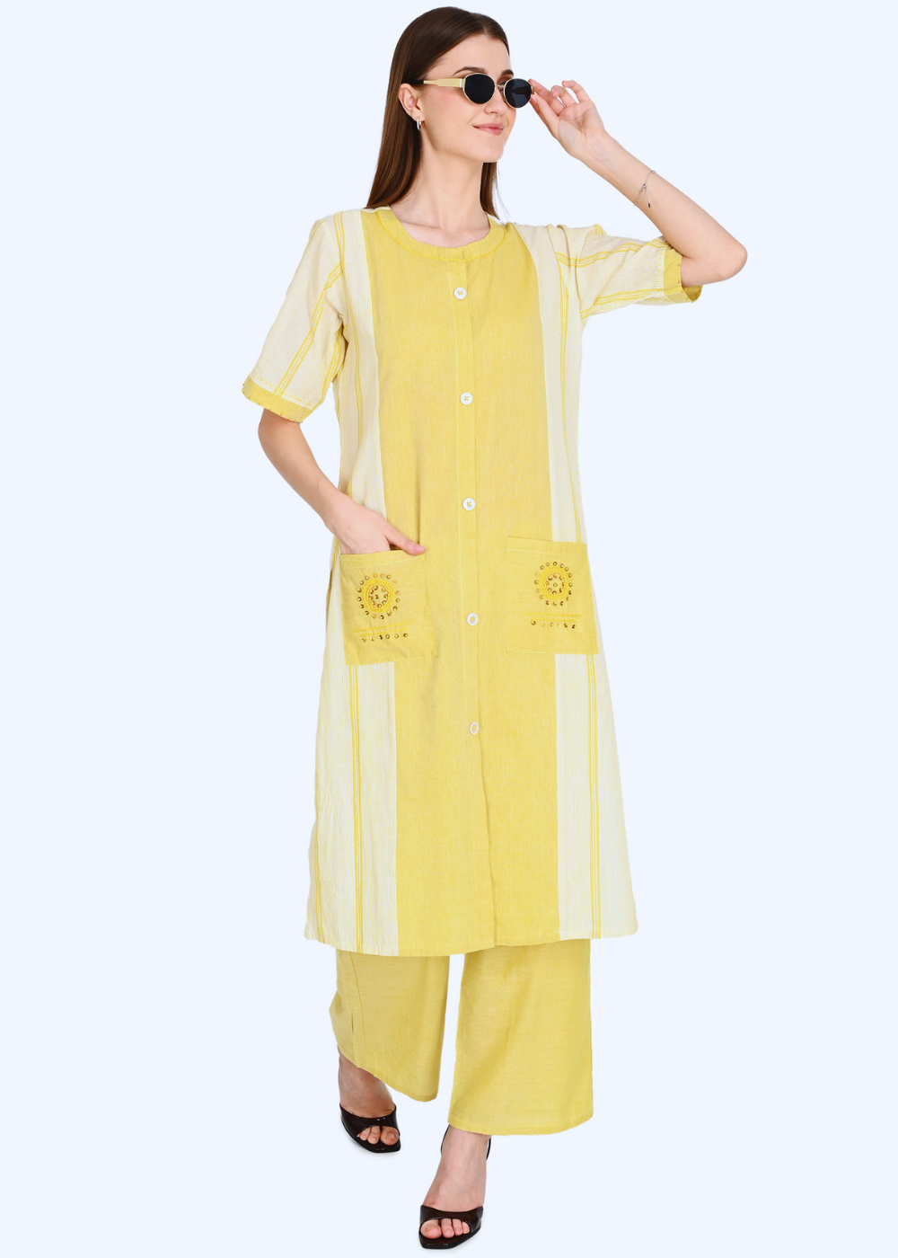 Mustard Kurta Plazo Set With Embroidery In Handloom Cotton