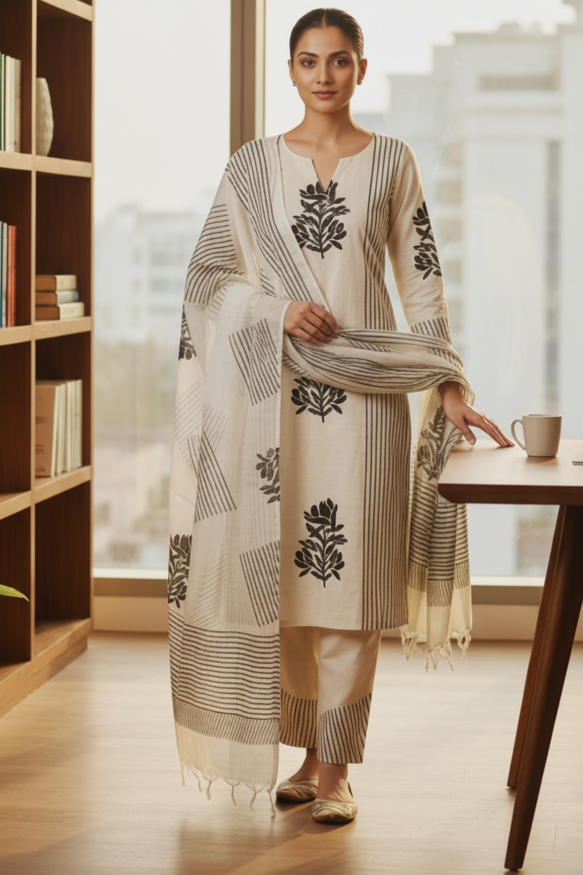 Khadi Linen Block Print Kurta, Pants & Dupatta Set