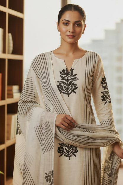 Khadi Linen Block Print Kurta, Pants & Dupatta Set