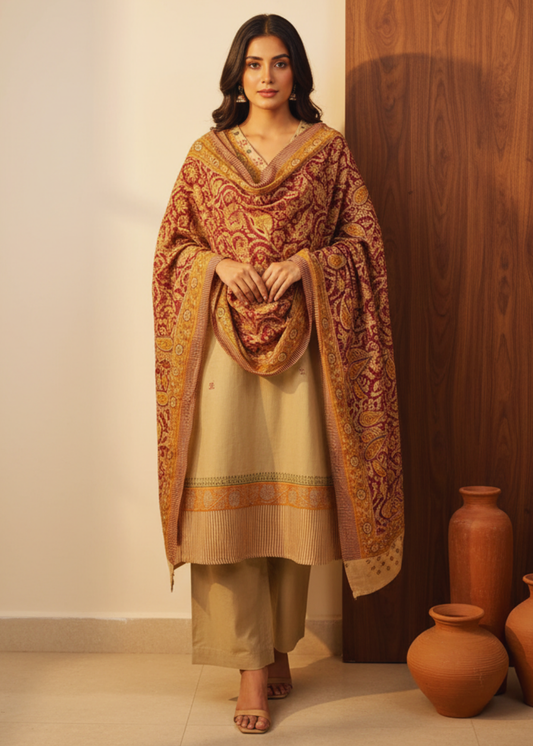 Flex Cotton Kalamkari Block Print Kurta, Pants & Dupatta Set