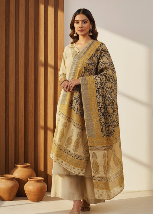 Flex Cotton Kalamkari Block Print Kurta, Pants & Dupatta Set