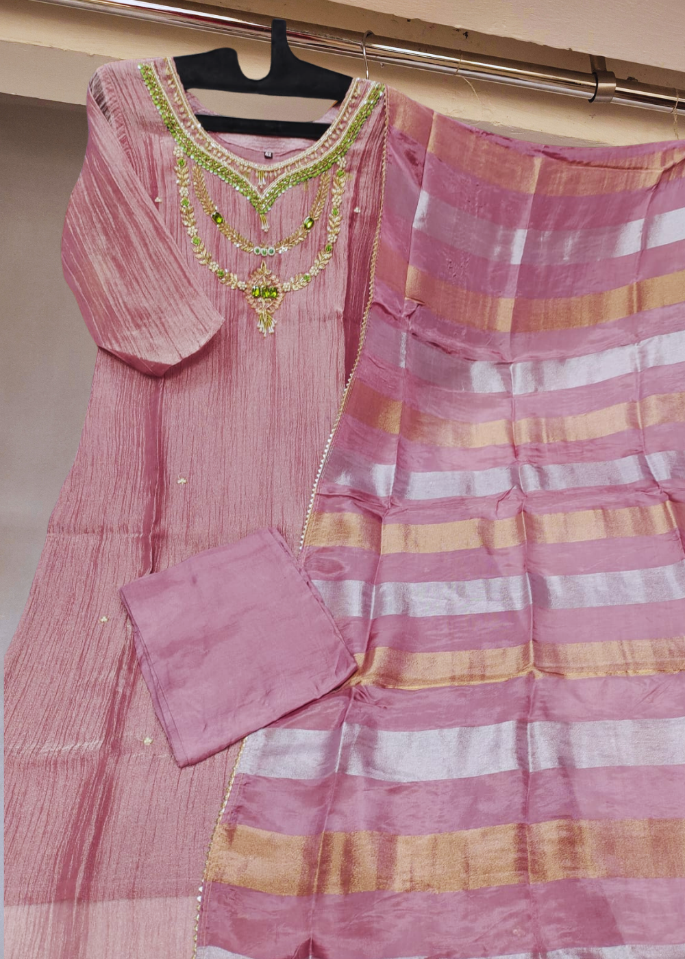 Premium Crush Tissue Kurti Set with Zardosi Handwork & Pure Jacquard Dupatta