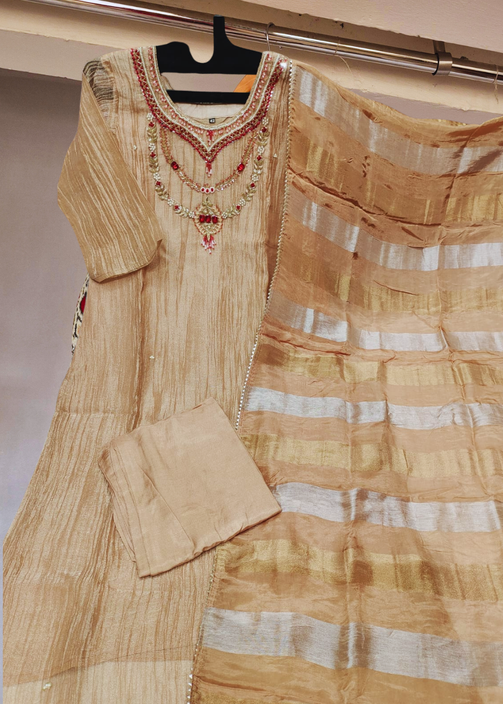 Premium Crush Tissue Kurti Set with Zardosi Handwork & Pure Jacquard Dupatta