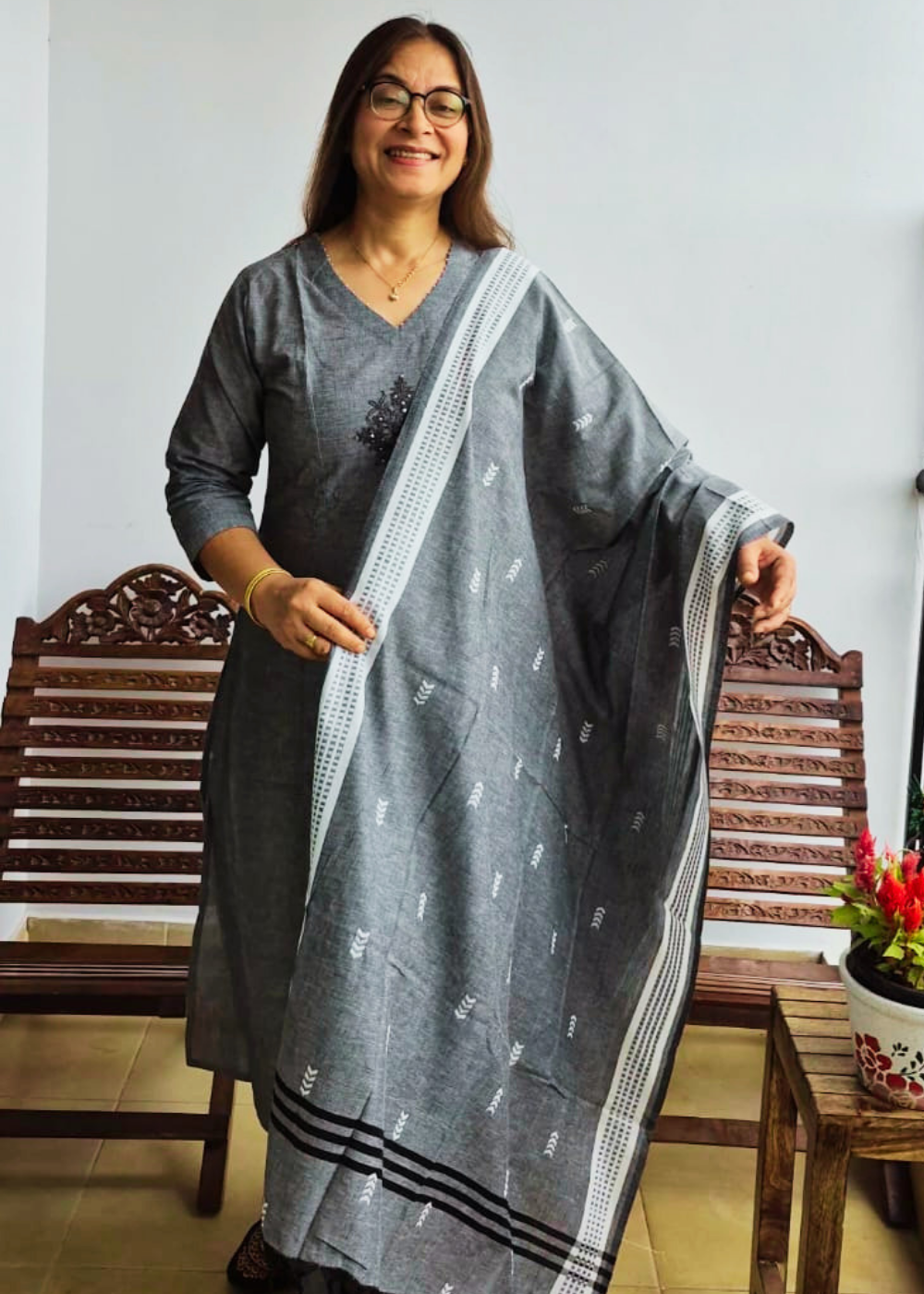 Handloom Cotton Kurta, Pants & Dupatta Set