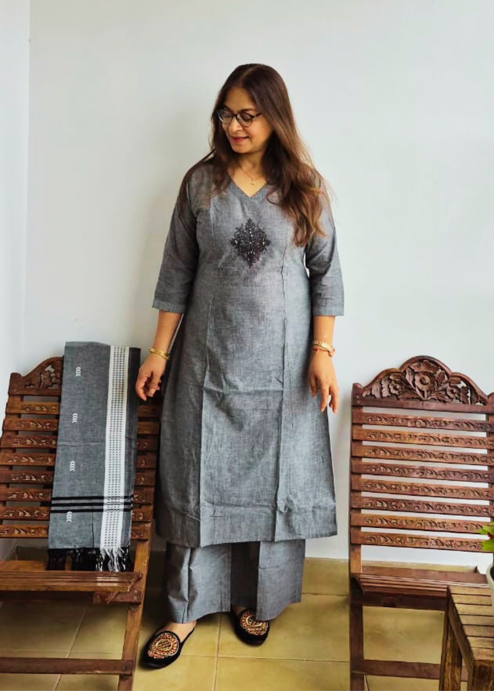 Handloom Cotton Kurta, Pants & Dupatta Set
