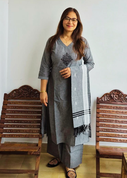 Handloom Cotton Kurta, Pants & Dupatta Set