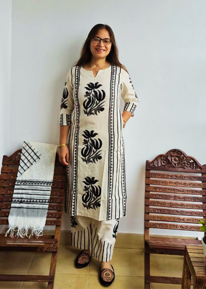 Khadi Linen Block Print Kurta, Pants & Dupatta Set