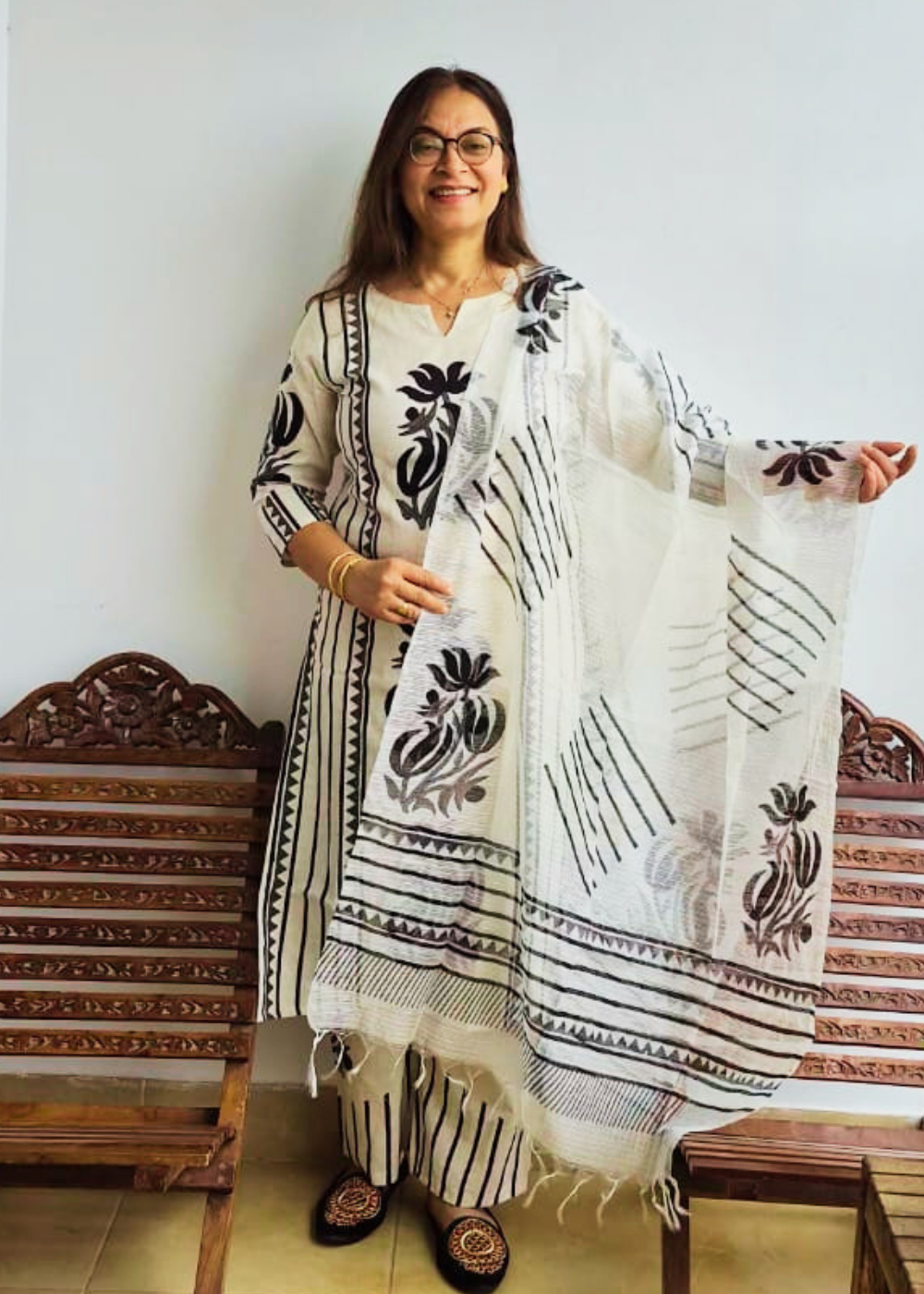 Khadi Linen Block Print Kurta, Pants & Dupatta Set