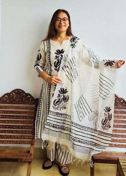 Khadi Linen Block Print Kurta, Pants & Dupatta Set