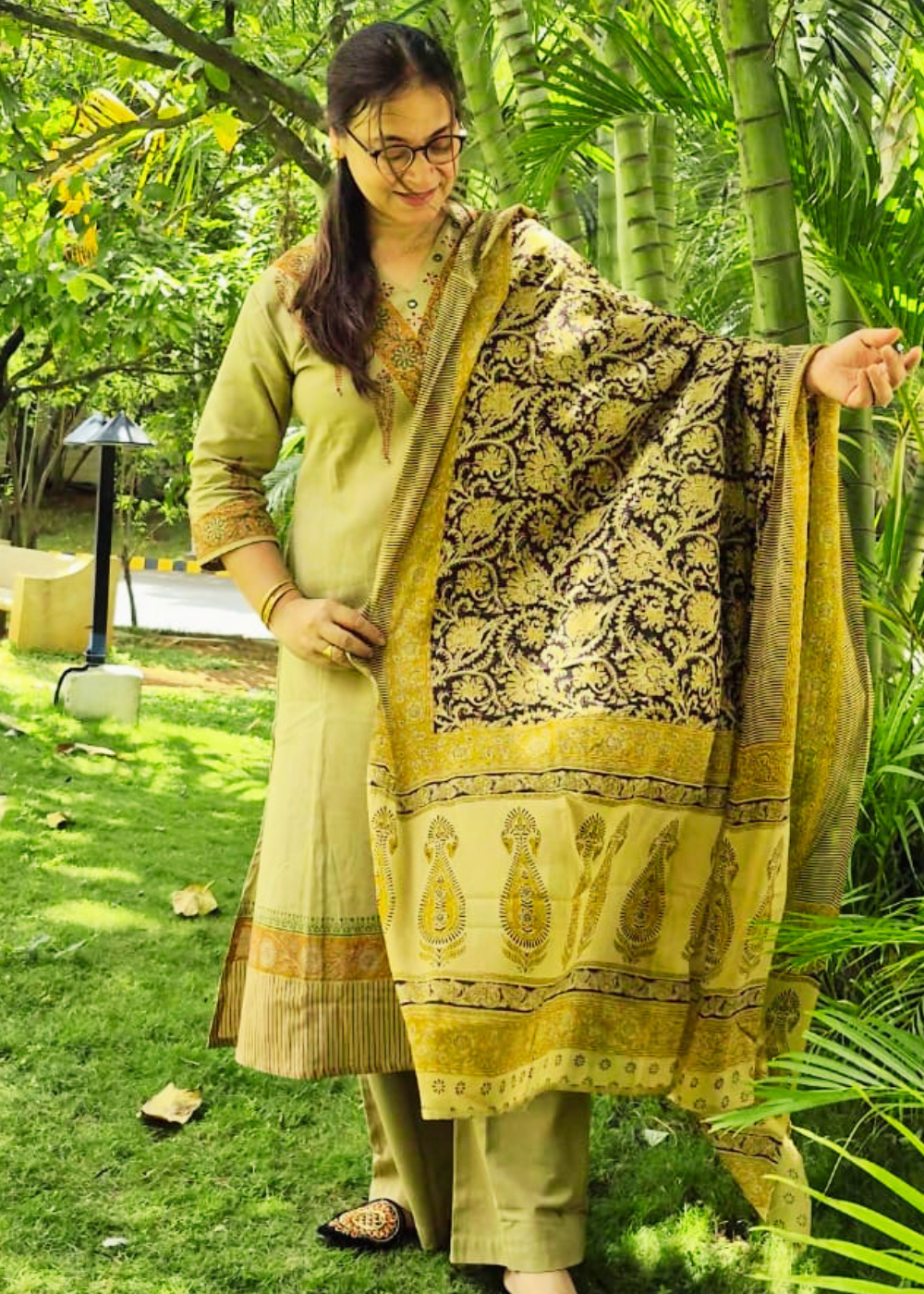 Flex Cotton Kalamkari Block Print Kurta, Pants & Dupatta Set