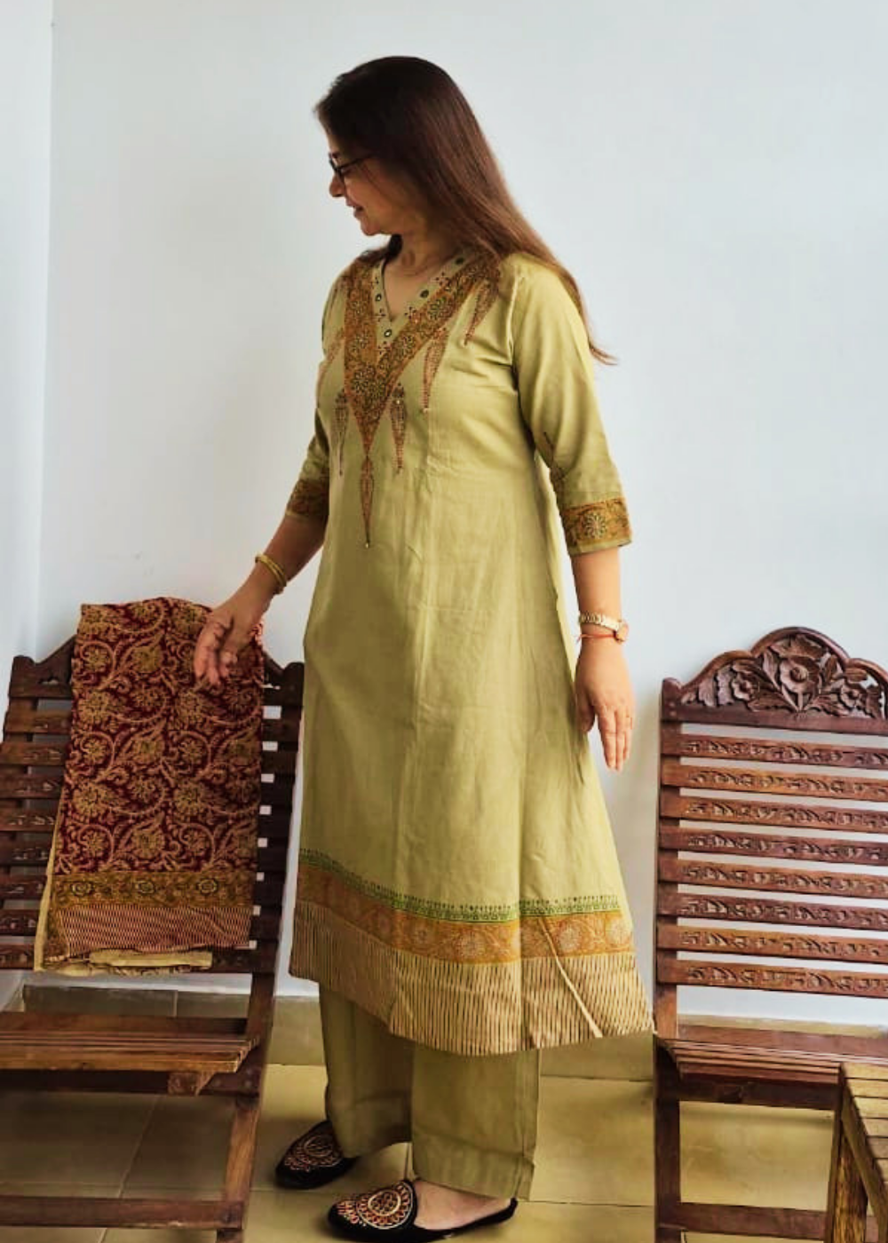 Flex Cotton Kalamkari Block Print Kurta, Pants & Dupatta Set
