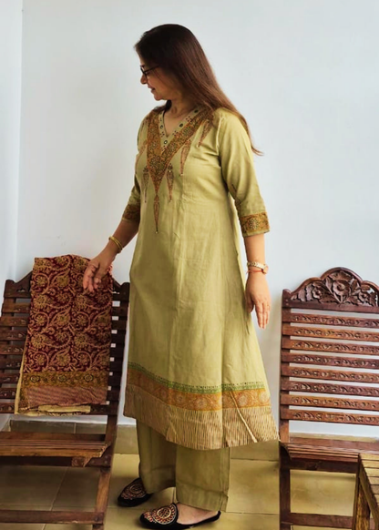Flex Cotton Kalamkari Block Print Kurta, Pants & Dupatta Set