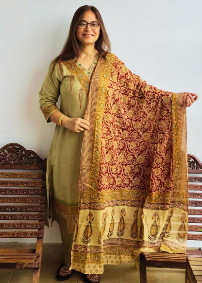 Flex Cotton Kalamkari Block Print Kurta, Pants & Dupatta Set