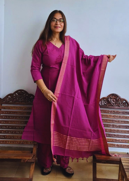 Handloom Cotton Kurta, Pants & Dupatta Set