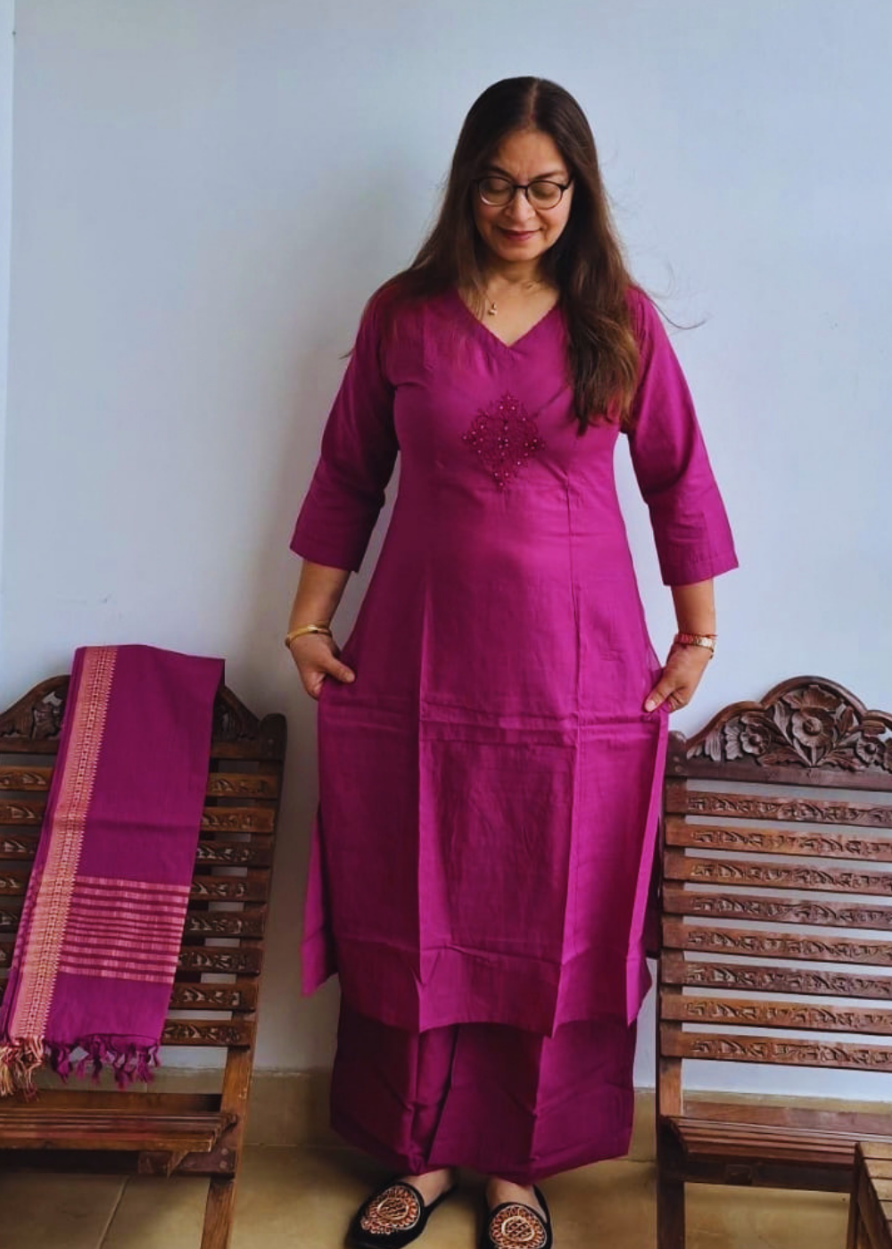 Handloom Cotton Kurta, Pants & Dupatta Set