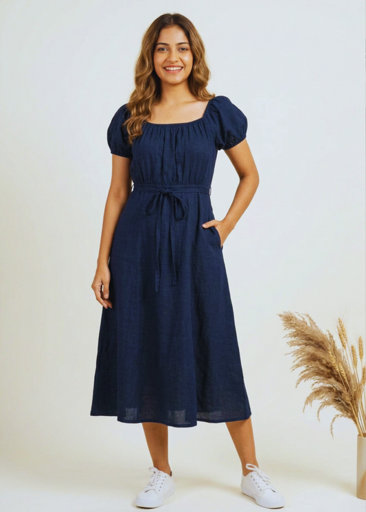 Viscose Linen Slub Blue Dress for Women