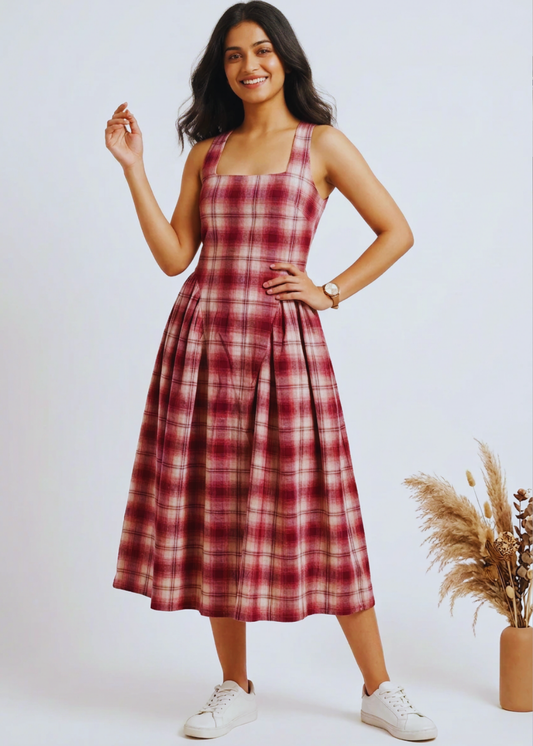 Cotton Check Rust Dress for Women