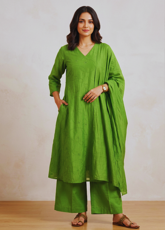 Aradhana Mul Chanderi Kurta, Pants & Dupatta Set
