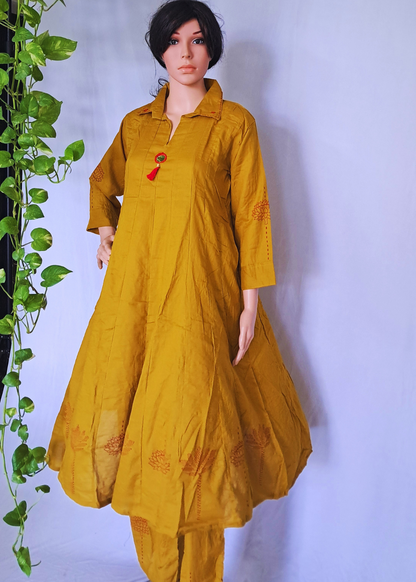 Mustard Muslin Flared Kurta Pant Sets
