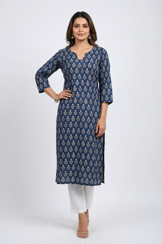Blue Block Print Cotton Kurta