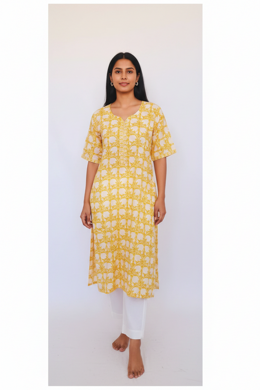 Yellow Block Print Cotton Kurta