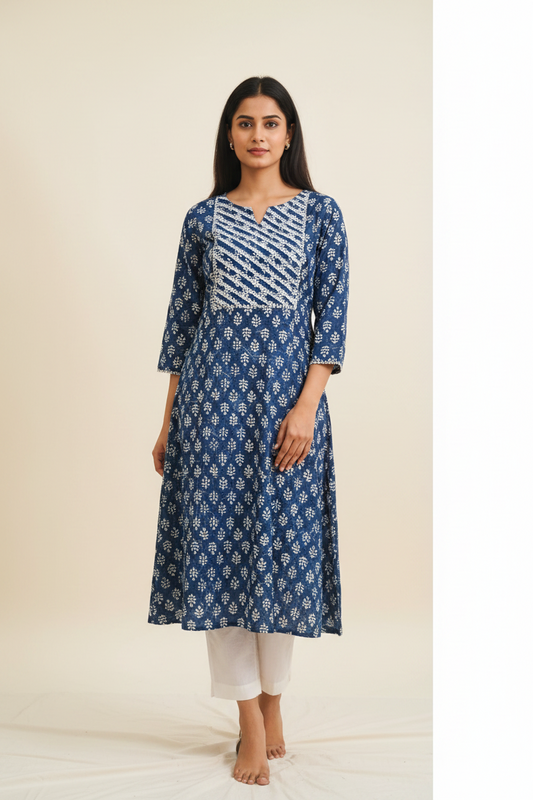 Blue Block Print Cotton Kurta