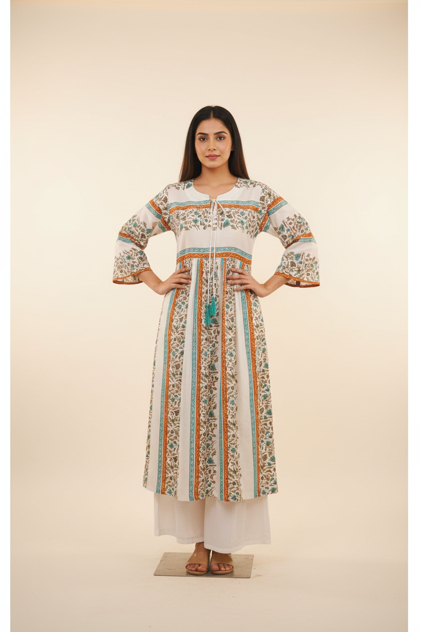 Floral Green Block Print Kurta For Women