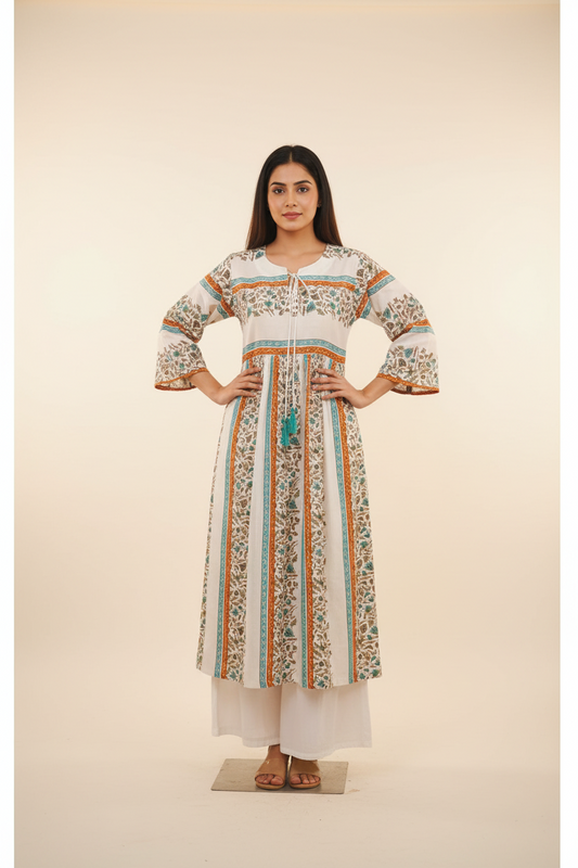 Floral Green Block Print Kurta For Women