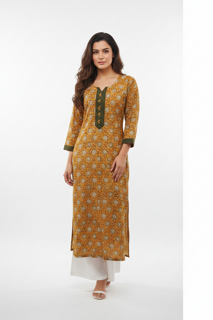 Mustard Printed Cotton Kurta For Women