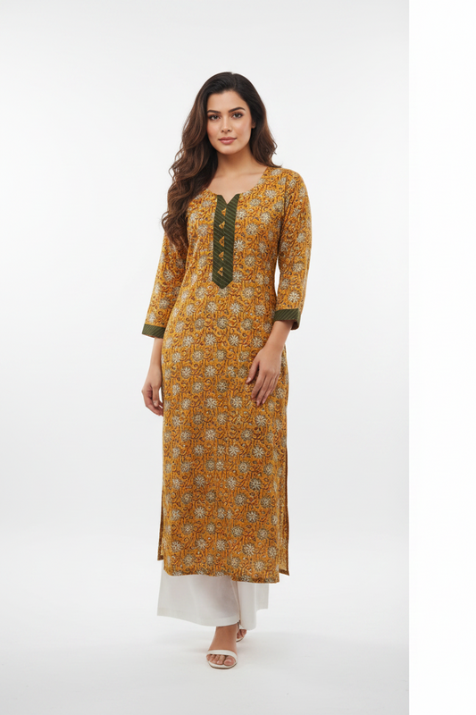 Mustard Printed Cotton Kurta For Women