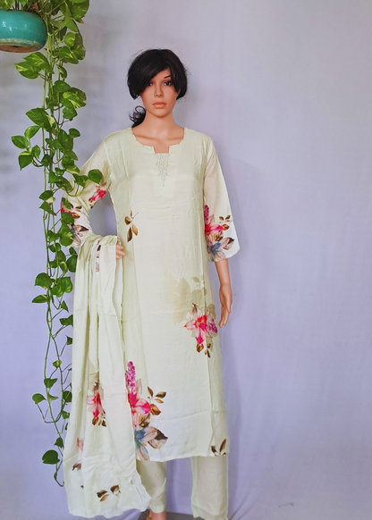 Muslin Pista Kurta, Pants &  Dupatta set
