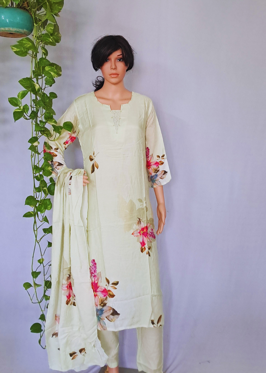 Muslin Pista Kurta, Pants &  Dupatta set