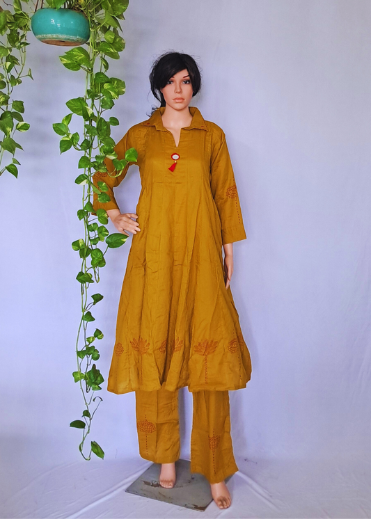 Mustard Muslin Flared Kurta Pant Sets