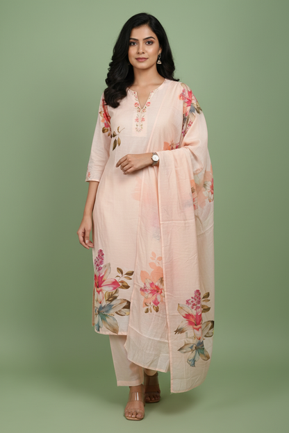 Muslin Peach Kurta, Pants &  Dupatta set