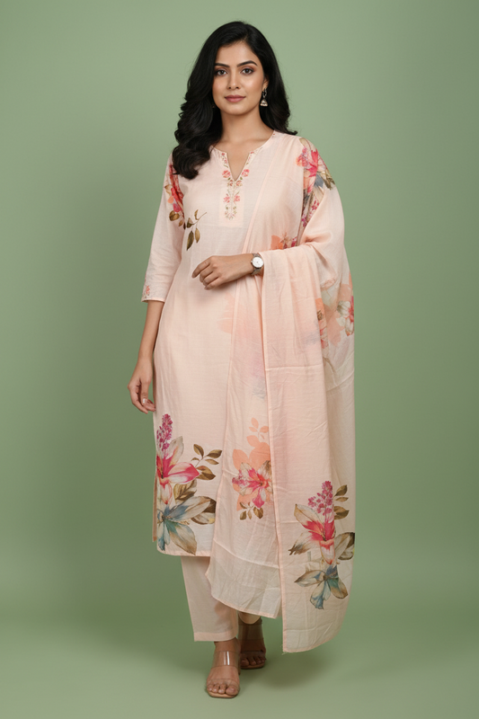 Muslin Peach Kurta, Pants &  Dupatta set