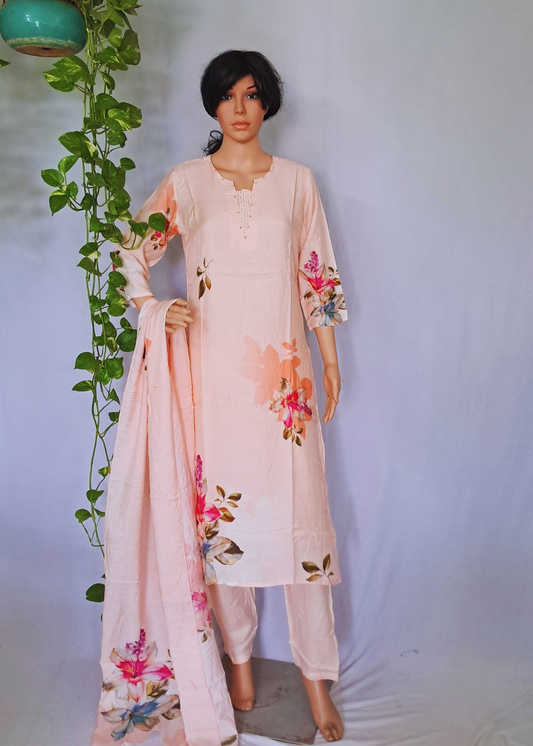 Muslin Peach Kurta, Pants &  Dupatta set
