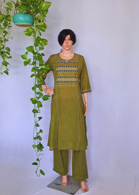 Green Embroidered Cotton Kurta Pants Sets