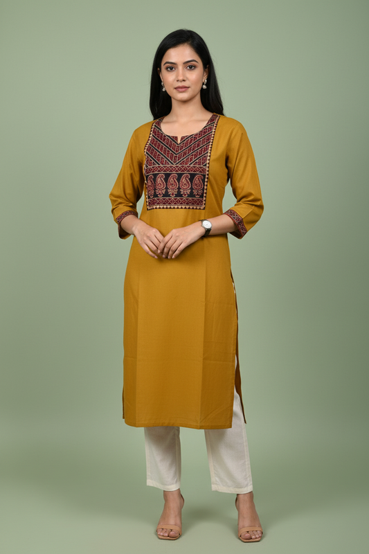 Ajrakh Mustard Cotton Kurta