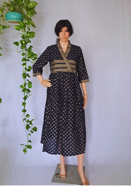 Navy Blue Cotton Dress For Women