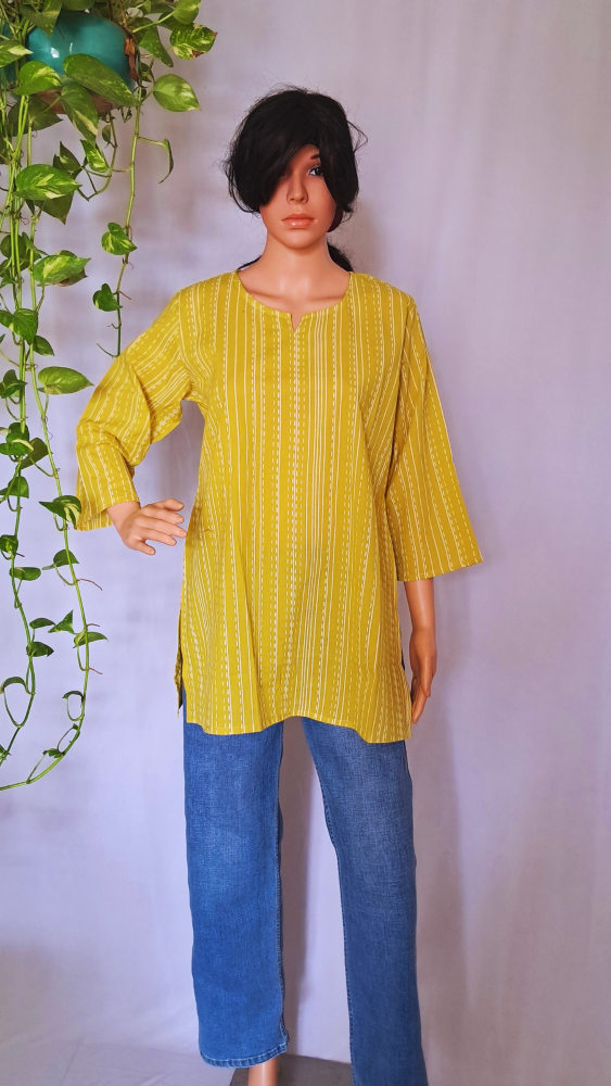 Yellow Vertical Print Short Kurti