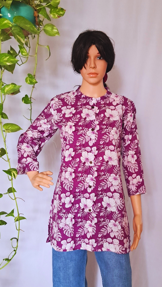 Purple Floral Print Short Kurti