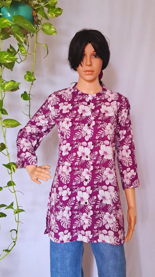 Purple Floral Print Short Kurti