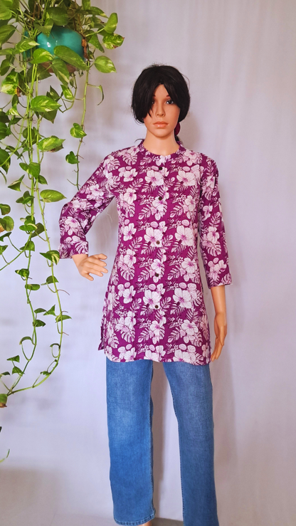 Purple Floral Print Short Kurti
